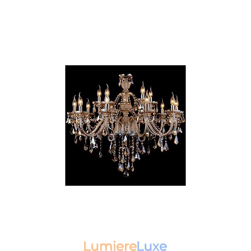 Lustre en cristal couleur cognac de luxe moderne à 2 niveaux, 15 lumières