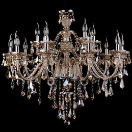 Lustre en cristal couleur cognac de luxe moderne à 2 niveaux, 15 lumières