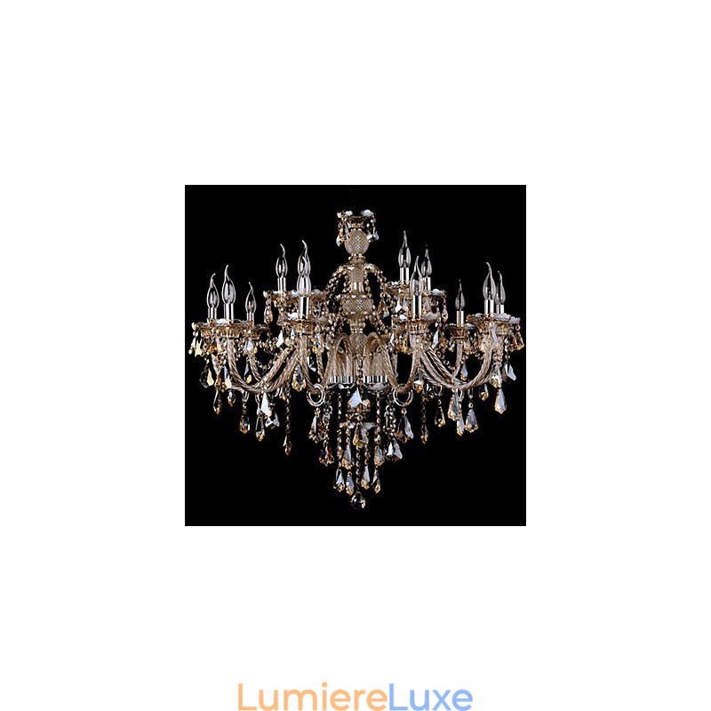 Lustre en cristal couleur cognac de luxe moderne à 2 niveaux, 15 lumières