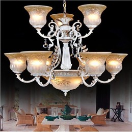 Lustre blanc à douze lumières avec abat-jour en verre doré à la main, style rétro européen classique