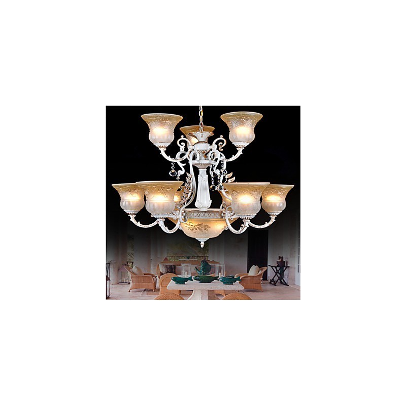 Lustre blanc à douze lumières avec abat-jour en verre doré à la main, style rétro européen classique