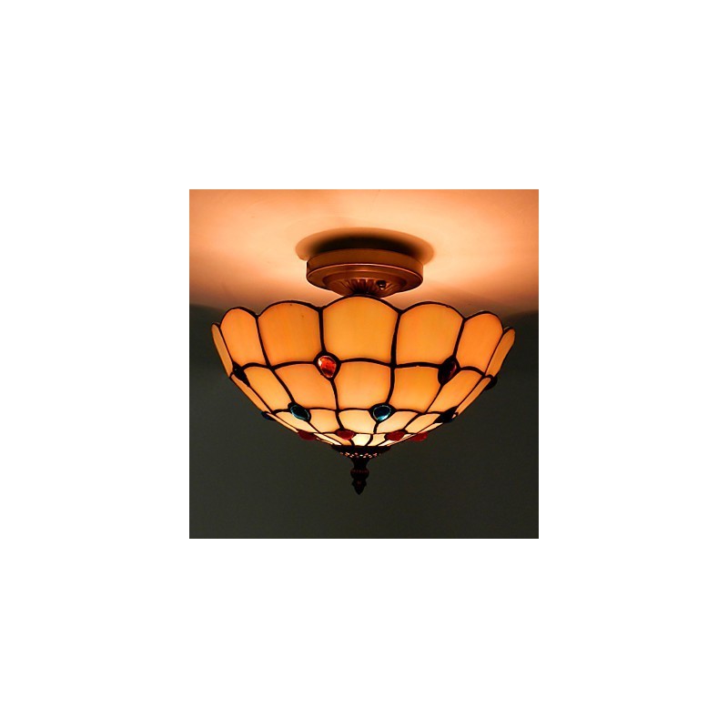 Lampe de table en fer forgé de style européen, 30 x 19 cm, avec queue sur demi-dôme et verre coloré