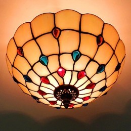 Lampe de table en fer forgé de style européen, 30 x 19 cm, avec queue sur demi-dôme et verre coloré