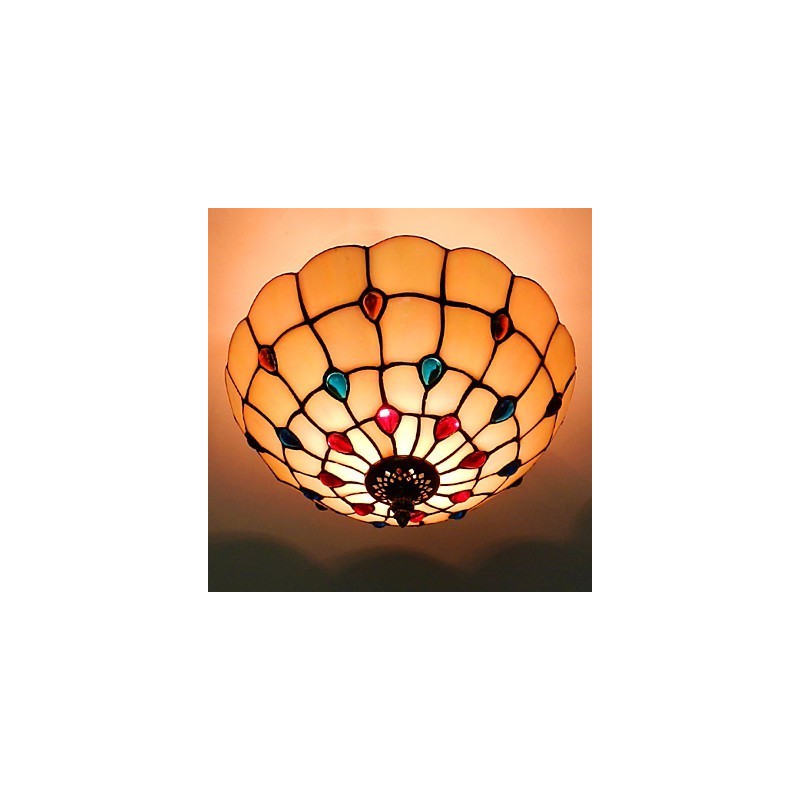 Lampe de table en fer forgé de style européen, 30 x 19 cm, avec queue sur demi-dôme et verre coloré