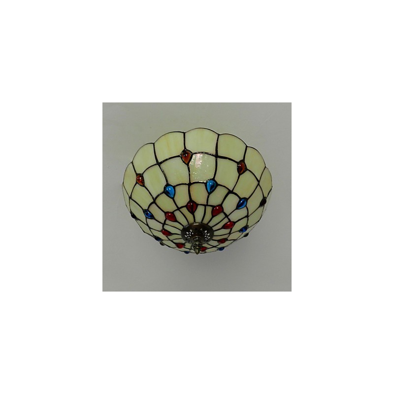 Lampe de table en fer forgé de style européen, 30 x 19 cm, avec queue sur demi-dôme et verre coloré