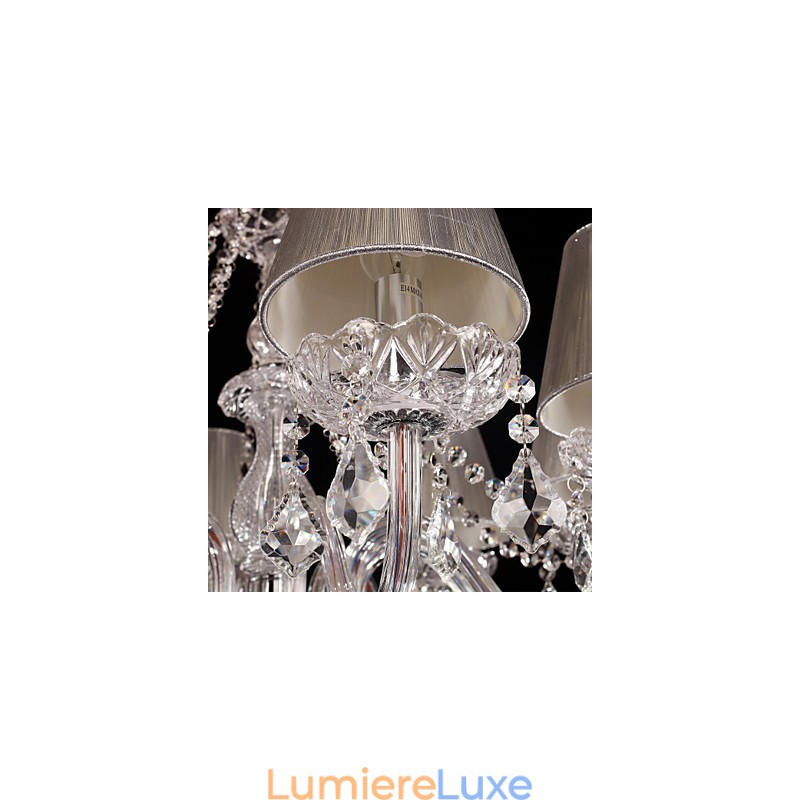 Lustre en cristal de luxe moderne à 8 lumières avec abat-jour en tissu