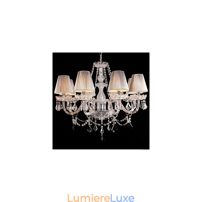Lustre en cristal de luxe moderne à 8 lumières avec abat-jour en tissu