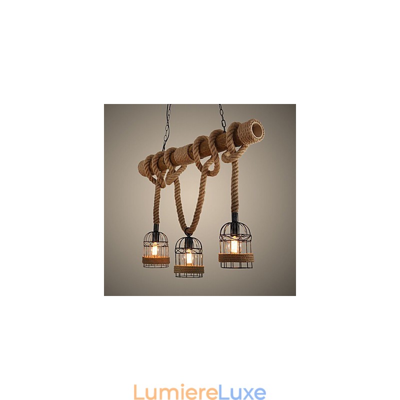 Lustre à trois têtes en bambou de style country américain rétro