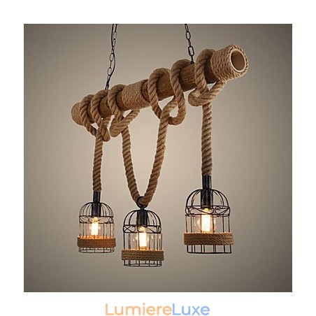 Lustre à trois têtes en bambou de style country américain rétro Lustre à trois têtes en bambou de style country américain rétro