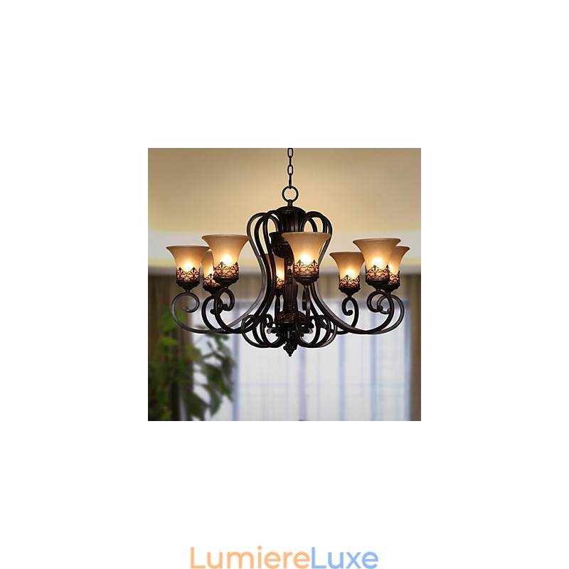 Lustre suspendu 8 lumières vintage Country Island en métal et verre