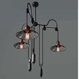 Suspension vintage Pully à 3 îlots en métal et abat-jour intérieur en verre