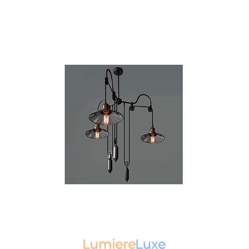 Suspension vintage Pully à 3 îlots en métal et abat-jour intérieur en verre