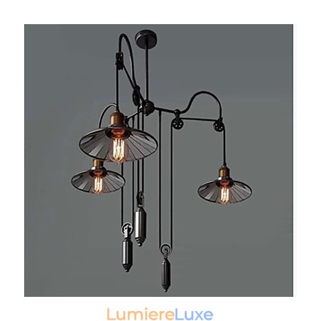Suspension vintage Pully à 3 îlots en métal et abat-jour intérieur en verre Suspension vintage Pully à 3 îlots en métal et abat-jour intérieur en verre