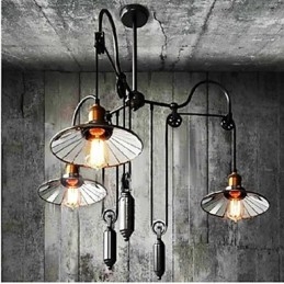 Suspension vintage Pully à 3 îlots en métal et abat-jour intérieur en verre