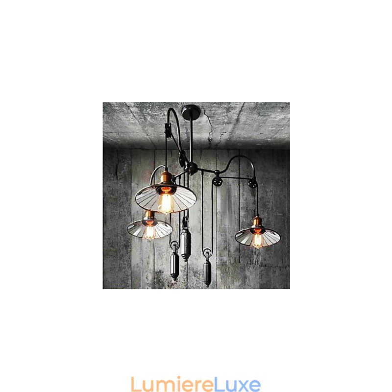 Suspension vintage Pully à 3 îlots en métal et abat-jour intérieur en verre