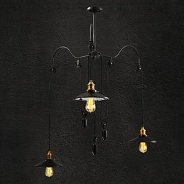 Suspension vintage Pully à 3 îlots en métal et abat-jour intérieur en verre