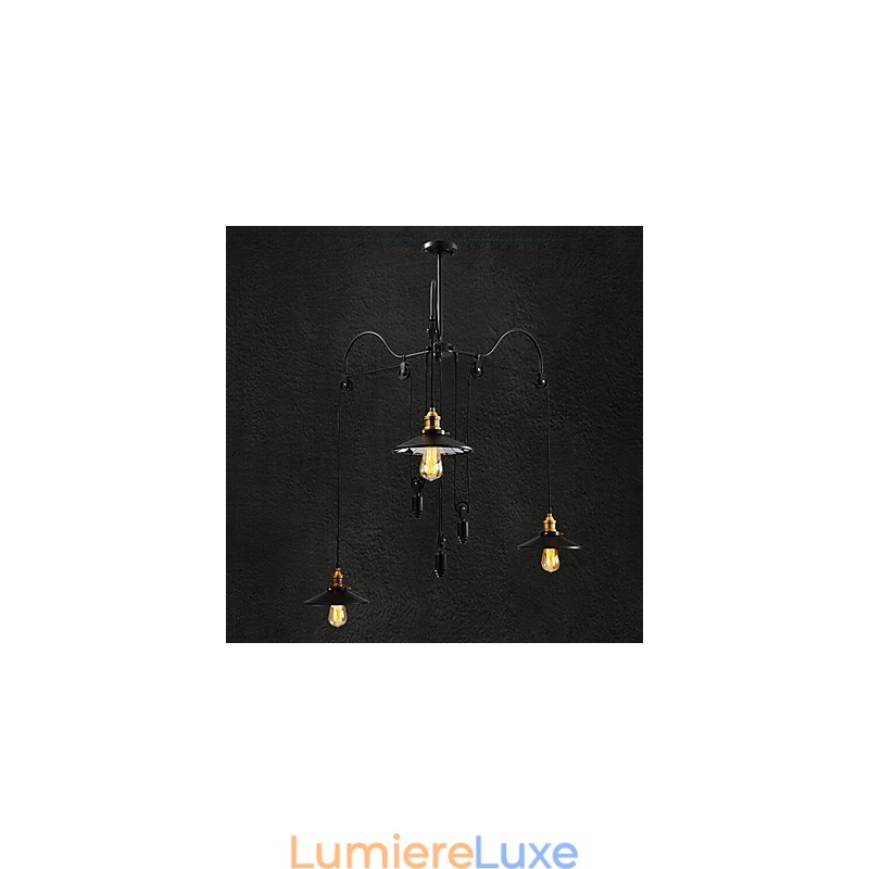 Suspension vintage Pully à 3 îlots en métal et abat-jour intérieur en verre