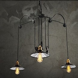 Suspension vintage Pully à 3 îlots en métal et abat-jour intérieur en verre