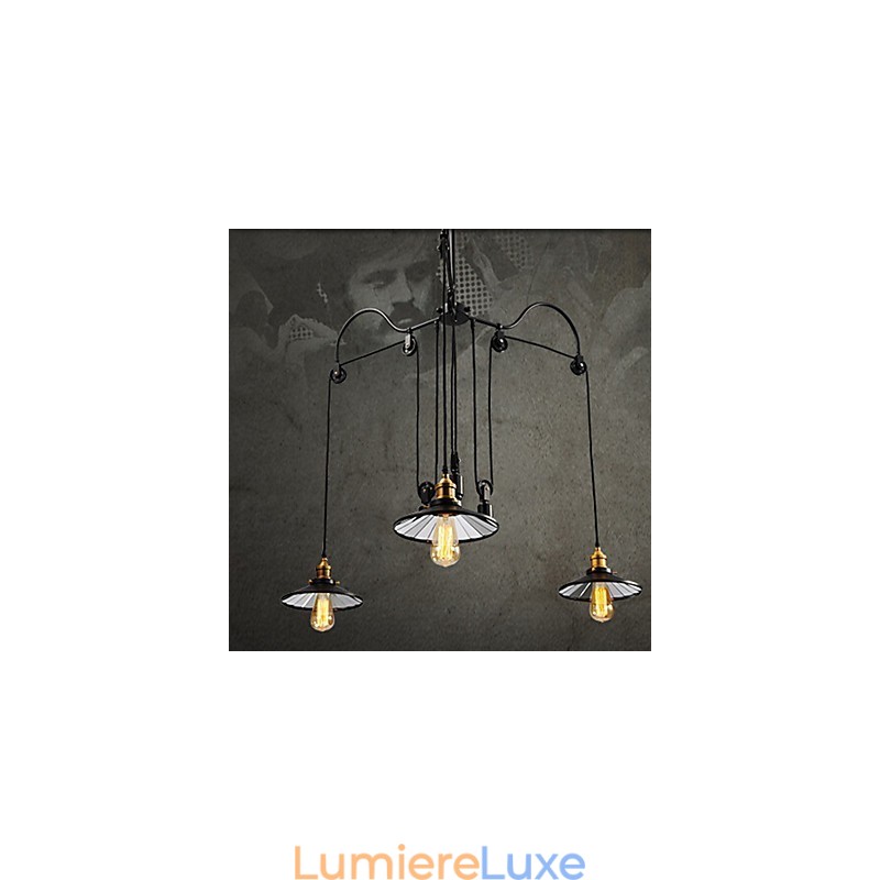 Suspension vintage Pully à 3 îlots en métal et abat-jour intérieur en verre