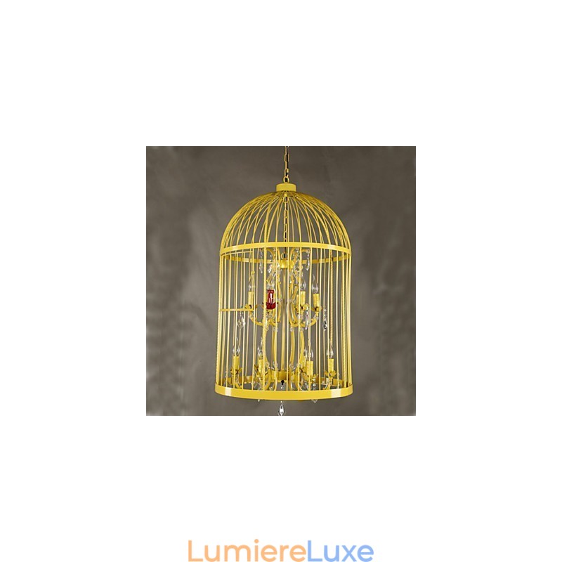 Lustre d'escalier vintage en forme de cage en fer et cristal