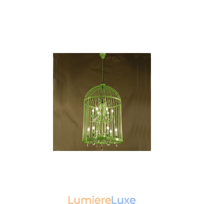 Lustre d'escalier vintage en forme de cage en fer et cristal