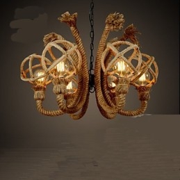 Lustre rural américain vintage en corde de chanvre et fer forgé