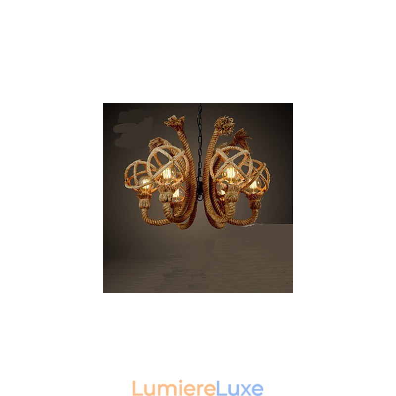 Lustre rural américain vintage en corde de chanvre et fer forgé