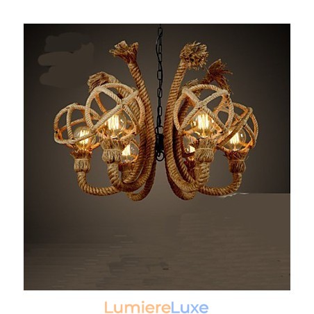 Lustre rural américain vintage en corde de chanvre et fer forgé Lustre rural américain vintage en corde de chanvre et fer forgé