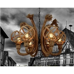 Lustre rural américain vintage en corde de chanvre et fer forgé