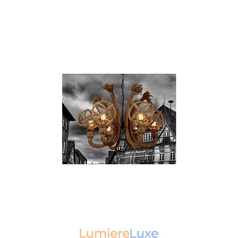 Lustre rural américain vintage en corde de chanvre et fer forgé