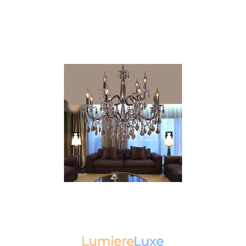 Lustre en cristal moderne à 2 niveaux et 12 lumières