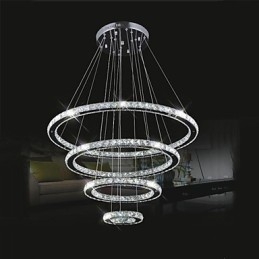 Plafonnier suspendu en cristal transparent, rond, 4 anneaux, 40 cm, 60 cm, 80 cm