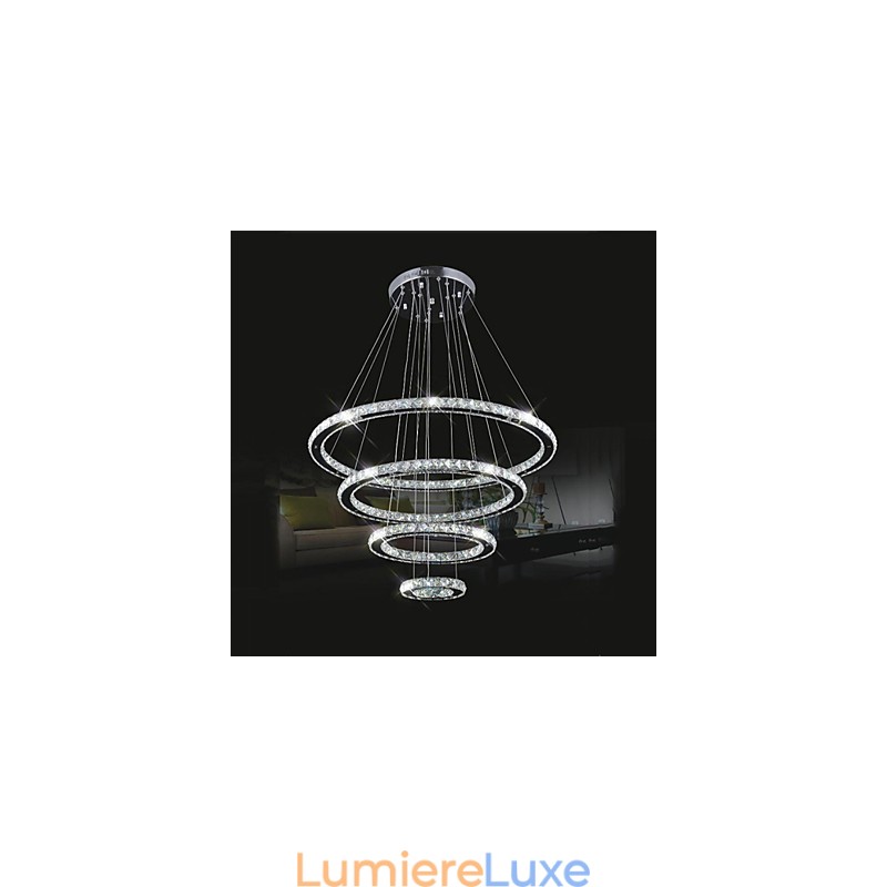 Plafonnier suspendu en cristal transparent, rond, 4 anneaux, 40 cm, 60 cm, 80 cm