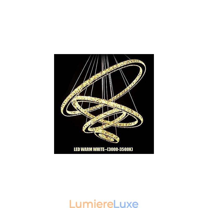 Plafonnier suspendu en cristal transparent, rond, 4 anneaux, 40 cm, 60 cm, 80 cm