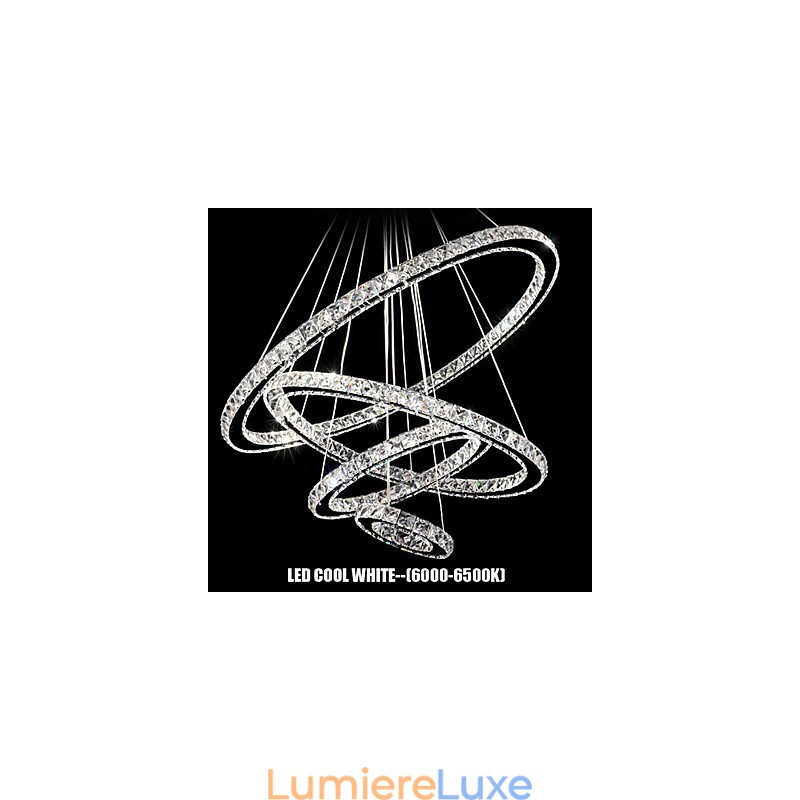 Plafonnier suspendu en cristal transparent, rond, 4 anneaux, 40 cm, 60 cm, 80 cm