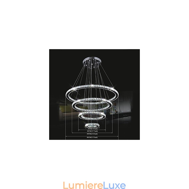 Plafonnier suspendu en cristal transparent, rond, 4 anneaux, 40 cm, 60 cm, 80 cm