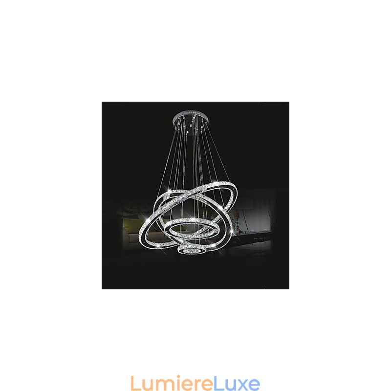 Plafonnier suspendu en cristal transparent, rond, 4 anneaux, 40 cm, 60 cm, 80 cm