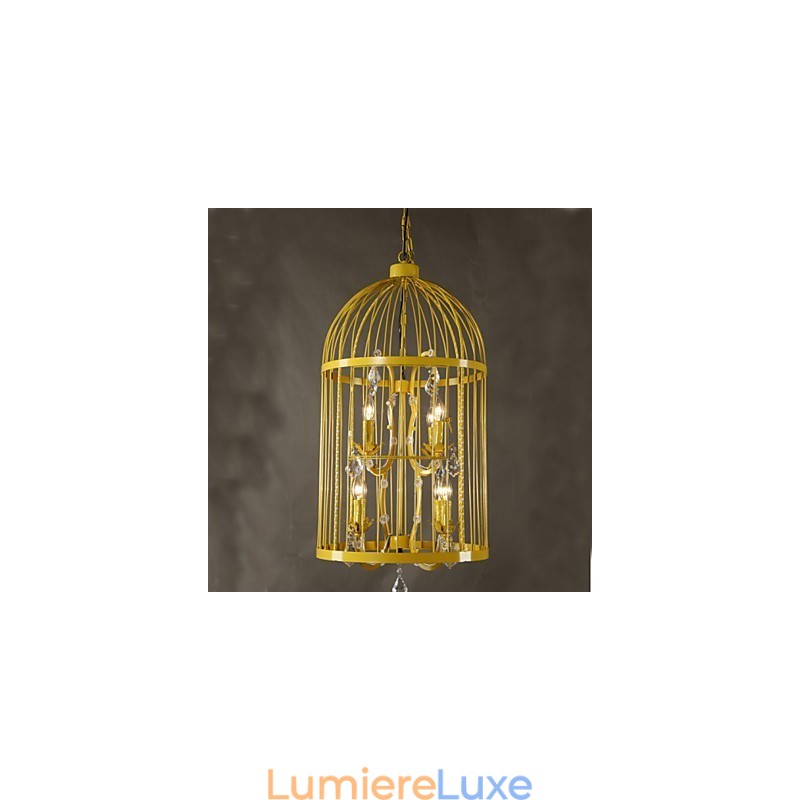 Lustre d'escalier vintage en forme de cage en fer et cristal A