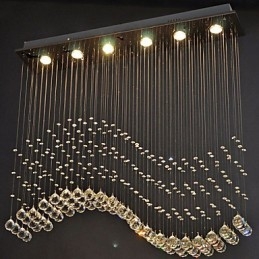 Suspension 6 lumières moderne argentée avec cristaux transparents et vagues