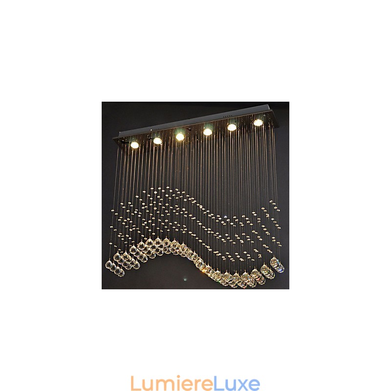 Suspension 6 lumières moderne argentée avec cristaux transparents et vagues