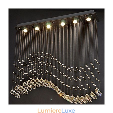 Suspension 6 lumières moderne argentée avec cristaux transparents et vagues Suspension 6 lumières moderne argentée avec cristaux transparents et vagues