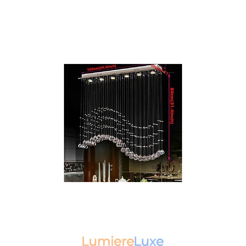 Suspension 6 lumières moderne argentée avec cristaux transparents et vagues