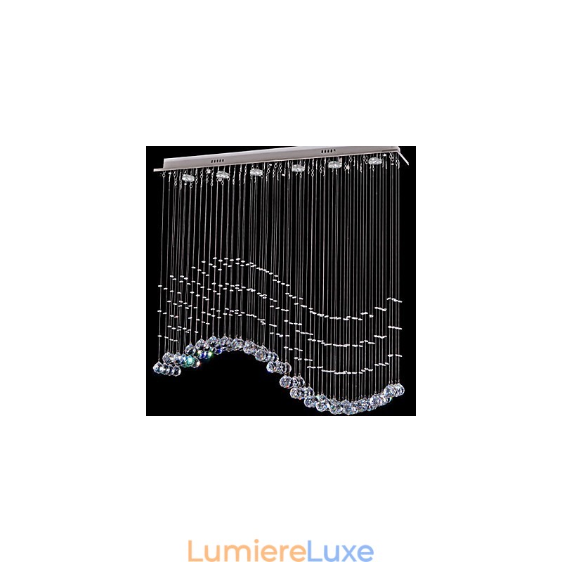 Suspension 6 lumières moderne argentée avec cristaux transparents et vagues