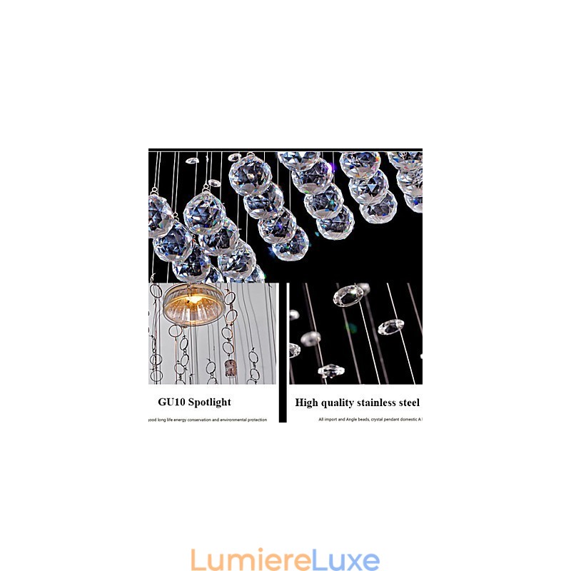Suspension 6 lumières moderne argentée avec cristaux transparents et vagues