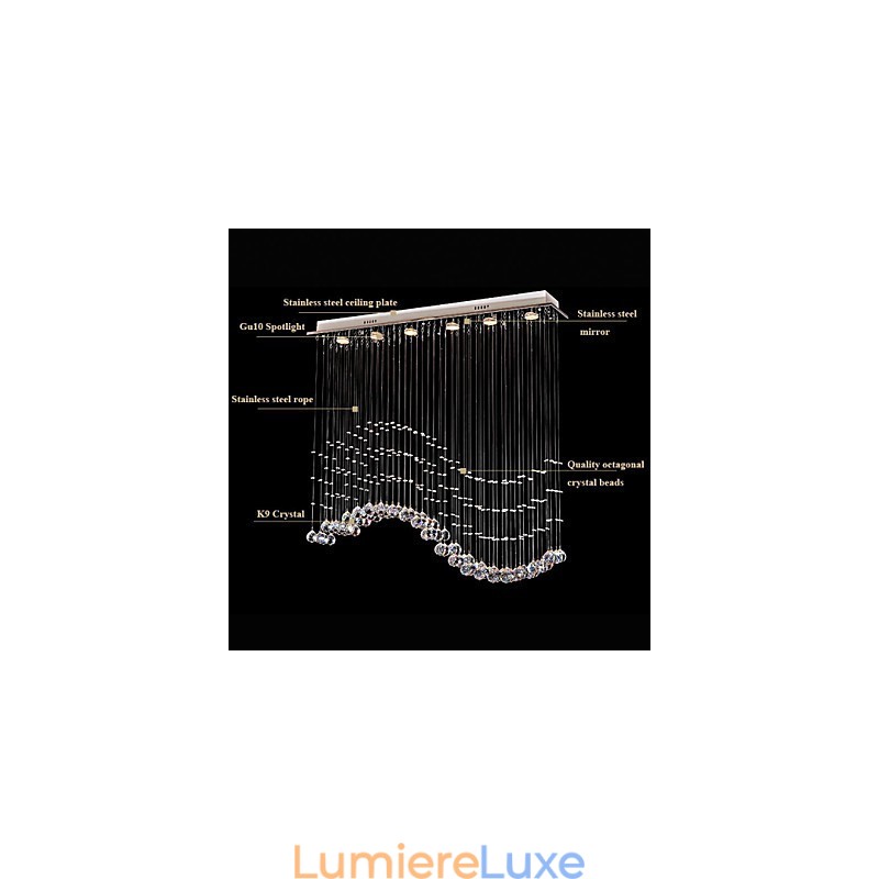 Suspension 6 lumières moderne argentée avec cristaux transparents et vagues