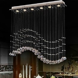 Suspension 6 lumières moderne argentée avec cristaux transparents et vagues
