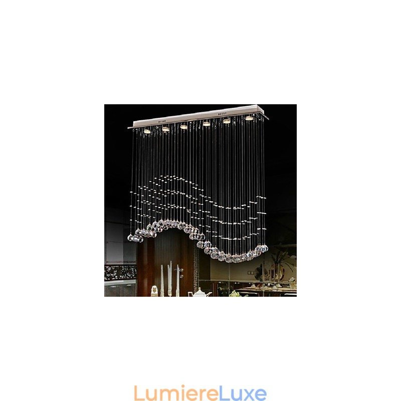 Suspension 6 lumières moderne argentée avec cristaux transparents et vagues