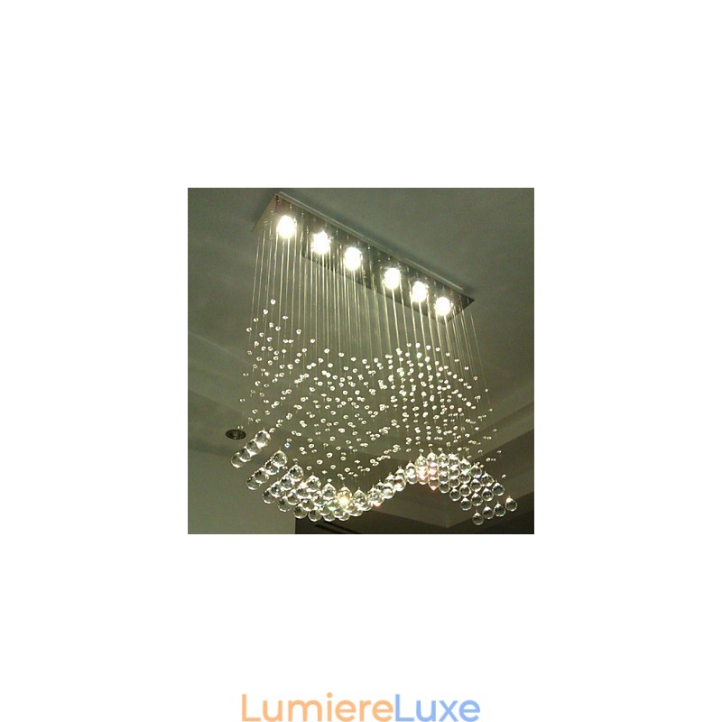 Suspension 6 lumières moderne argentée avec cristaux transparents et vagues