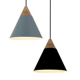 Mini suspension artistique en forme de cône, 1 lumière, finition moderne et simple, noir, blanc, bleu poussiéreux, aluminium et bois.