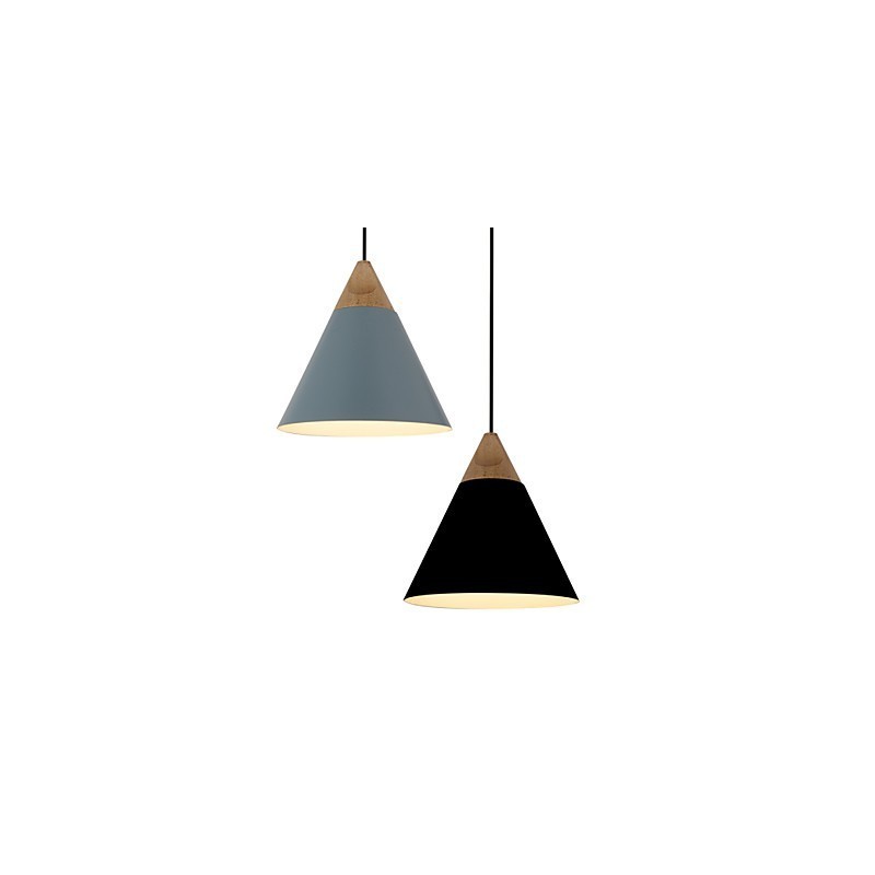 Mini suspension artistique en forme de cône, 1 lumière, finition moderne et simple, noir, blanc, bleu poussiéreux, aluminium et bois.